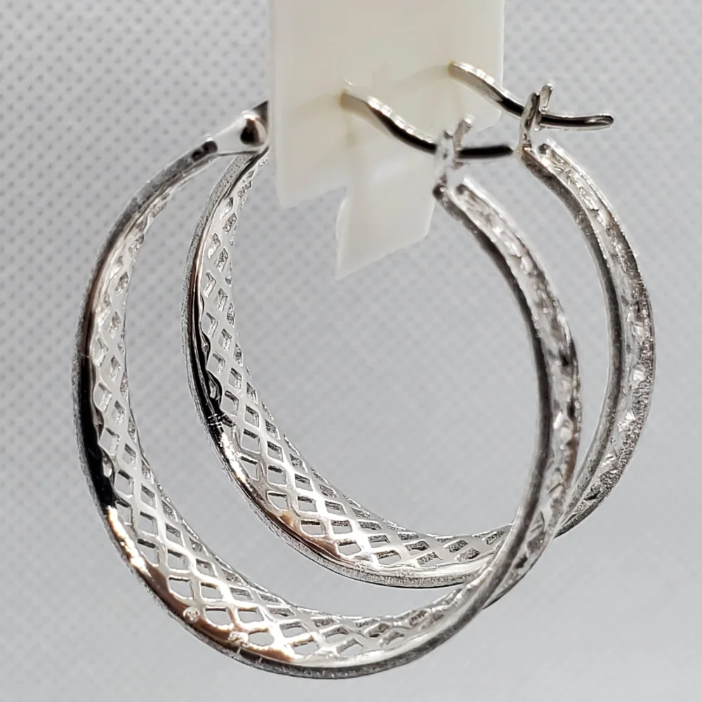 Sterling Silver 925 Rhodium Plated Diamond Cut Snap-On Hoop Earring